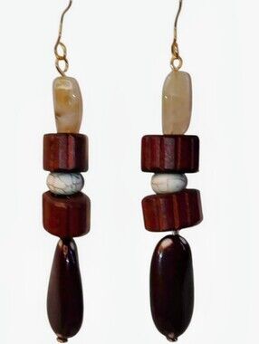 Long 4" Handmade Brown Bead Drop Earrings Pierced Wire Hook Chunky